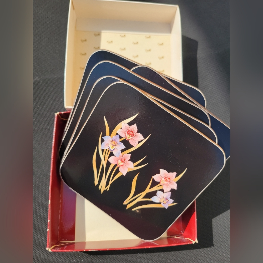 Vintage Cavalli Floral Coaster Set Orchids Made in New Zealand Original Box - Picture 15 of 16